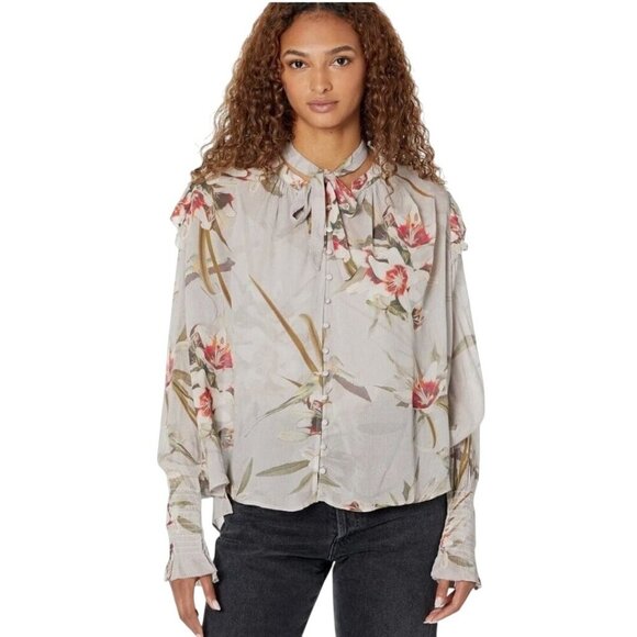 Allsaints Lara Kuroyuri Floral Long Sleeve Ruffled Blouse Quiet Luxury Size 2 - Picture 4 of 11
